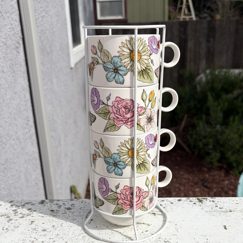 Floral Stackable Coffee Mug Set with Stand